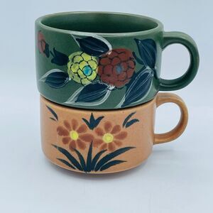 Pair of COTC Korea Short Wide Coffee Tea Stoneware Floral Painted Mugs